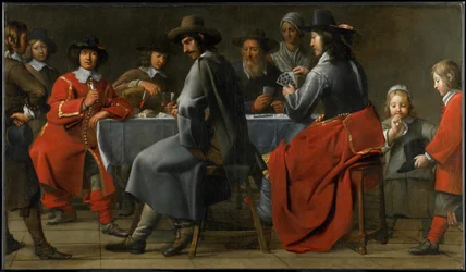 Reunión de jugadores con un músico de zanfona, c.1660