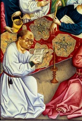 La muerte de la Virgen Detalle que representa a un monje leyendo con gafas. Pintura del Maestro del Alto Rin (siglo XV)
