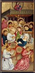 La muerte de la virgen. Los santos acuden a reunirse en torno al lecho o al reposo del cuerpo de la Virgen. Pintura del Maestro del Alto Rin
