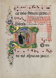 Hoja de manuscrito con San Benito resucitando a un niño en una inicial D