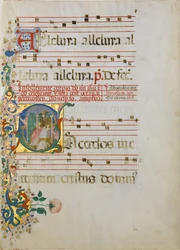 Hoja de manuscrito con la celebración de una misa en una inicial S..., segunda mitad del siglo XV