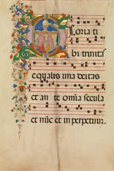 Hoja de manuscrito con la Trinidad en una inicial G, de un antifonario, italiano, segunda mitad del siglo XV