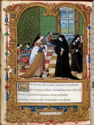 Margarita de Angulema (1492-1549) Reina de Navarra presenta su libro a la Duquesa de Étampes y favorita de Francisco I, Ana Pisseleu
