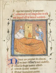 Miniatura de un manuscrito del Roman de la Rose por Guillaume de Lorris y Jean de Meun, ca 1365