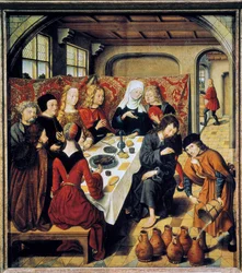 "Las bodas de Caná" Pintura del maestro del altar de San Bartolomé (siglo XVI) (escuela flamenca) Laeken. Museos Reales de Bellas Artes