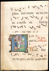 San Pedro liberado de la cárcel, f.58v de un gradual, finales del siglo XV (tinta, temple y pan de oro sobre pergamino)