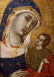 Virgen con niño (detalle) - Pintura sobre madera del maestro del díptico Sterbini (siglo XIV)