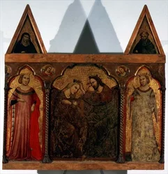 Tríptico: Coronación de la Virgen flanqueada por dos santos