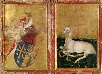 Escudo de armas y White Hart, del "Díptico de Wilton" c. 1395-99 (temple al huevo sobre roble) (verso)