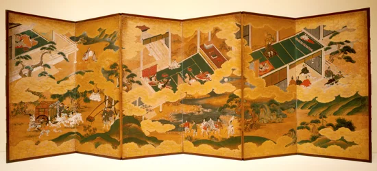 Cuentos de Genji, c.1650 (tinta, color y pan de oro sobre papel, biombo)
