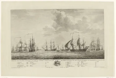 Flota de guerra holandesa frente a Rammekens, 1782-1783 Vista de los barcos de guerra nacionales, bajo el mando del contraalmirante, van Kruyne, en la rada de Rammekens, en den Jaare 1782 y 1783 (título sobre el objeto)