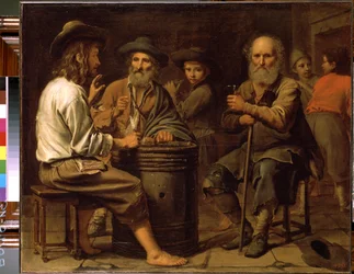 Campesinos en una posada. (Campesinos en una taberna). Tres hombres en la mesa bebiendo vino y comiendo queso servidos por un joven, en un barril. Pintura de Mathieu Le Nain (1607-1677), hacia 1640. Óleo sobre lienzo. Museo del Hermitage, San Petersbou
