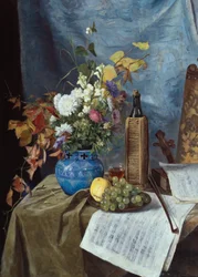 Arreglo con botella de vino, flores y frutas