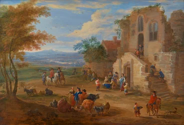 Paisaje con reparto de limosnas ante una abadía en ruinas, c.1650-90 (óleo sobre tabla)