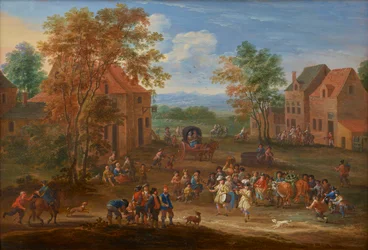 Paisaje aldeano con la procesión del buey de Pascua, c.1650-90 (óleo sobre tabla)