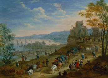 Escena costera con arrieros