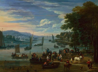 Escena costera con arrieros