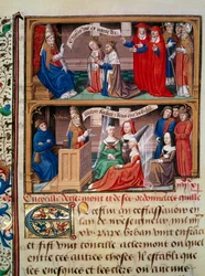 Representación del Concilio de Clermont en 1095 presidido por el Papa Urbano II (1042-1099) predicando la primera cruzada. Miniatura tomada del manuscrito “Speculum historiale” (Le Miroir historial) de Vincent de Beauvais (1184/94-1264) iluminada por el