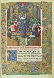 Anábasis de Jenofonte traducida por Claude de Seyssel: escena de dedicatoria, el manuscrito es un regalo del traductor a Luis XII.