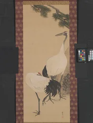 Grullas, bambú y pino, Periodo Edo (tinta y colores acuosos sobre seda)