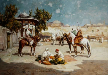 Guerreros árabes en una plaza de mercado, c.1910
