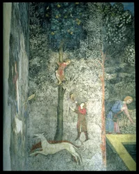 Perros de caza y hombres trepando un árbol (detalle)