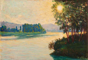 Sol naciente en el río (óleo sobre tabla)