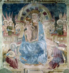 Virgen y Niño rodeados de santos y ángeles. Fresco de Matteo da Gualdo (ca. 1435-1507). Basílica de San Francisco, Iglesia Superior, Asís