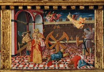 Virgen con el Niño y los santos Santiago, Agustín, Bernardino y Margarita, primeras décadas del siglo XIV (temple sobre tabla)