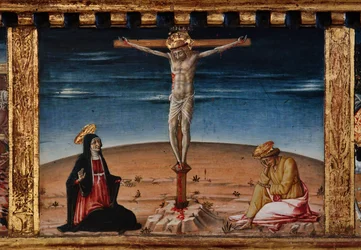 Virgen con el Niño y los santos Santiago, Agustín, Bernardino y Margarita, primeras décadas del siglo XIV (temple sobre tabla)