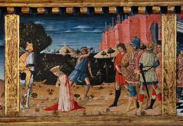 Virgen con el Niño y los santos Santiago, Agustín, Bernardino y Margarita, primeras décadas del siglo XIV (temple sobre tabla)