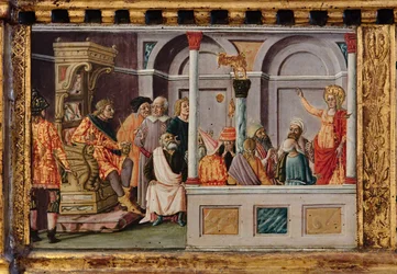 Virgen con el Niño y los santos Santiago, Agustín, Bernardino y Margarita, primeras décadas del siglo XIV (temple sobre tabla)