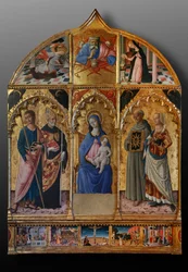 Virgen con el Niño y los santos Santiago, Agustín, Bernardino y Margarita, primeras décadas del siglo XIV (temple sobre tabla)