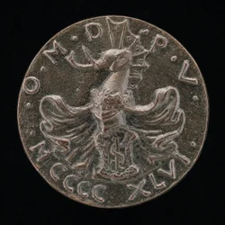 Escudo, casco, cresta de elefante y mantling [reverso], 1446