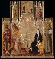 Anunciación con Santos Juan Bautista, Bernardino de Siena; Crucifixión, Santos Pedro y Pablo