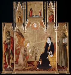 Anunciación con los santos Juan Bautista y Bernardino de Siena. La Crucifixión. Santos Pedro y Pablo, entre 1455 y 1464
