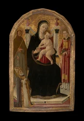 Virgen y niña entronizada con tres santos