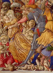 La masacre de los inocentes (detalle de un soldado preparando para apuñalar a un niño y la carnicería circundante)