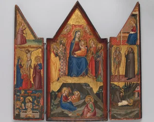 Madonna y el Niño entronizados con santos, y abajo la Natividad, ca. 1380-90