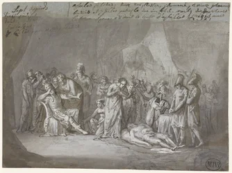 El cadáver de Patroclo en la tienda de Aquiles se lamenta