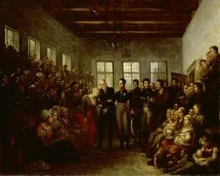 El Príncipe de Orange visitando a las víctimas de las inundaciones en el orfanato Almoners, Ámsterdam, el 14 de febrero de 1825