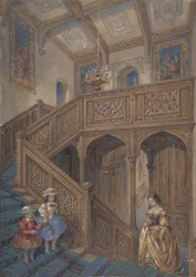 Diseño para una Escalera de Estilo Jacobeo (recto), Diseño de Elemento Arquitectónico (verso), ca. 1867
