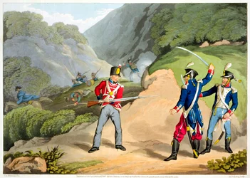 Un soldado británico capturando a dos oficiales franceses en la Batalla de los Pirineos, 1813-1816