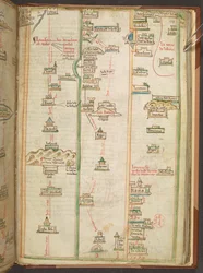 Mapa del itinerario entre Londres y Nápoles, extraído del Liber additamentorum de Matthew Paris.