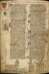 Royal 14C VII, f.138v Abadía de Westminster y Santuario de San Eduardo; a la derecha, el Papa Inocencio IV en el Concilio de Lyon, ilustración de 