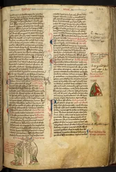 Royal 14 C. VII f.122r Roger Nigel, obispo de Londres, consagrando a Edmund de Abington como arzobispo de Canterbury;
