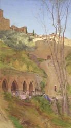 Mujer lavandera en el pozo de lavado, San Gimignano, Italia