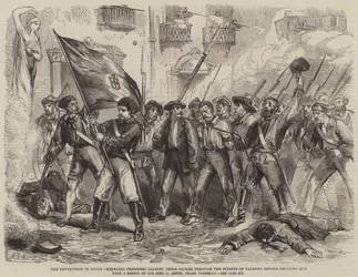 La revolución en Sicilia, prisioneros liberados llevando a su carcelero por las calles de Palermo antes de dispararle