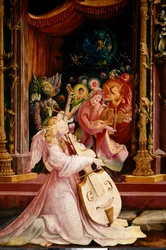 Retablo de Issenheim (o Isenheim): "La Natividad" (detalle) del concierto de ángeles músicos. El ángel en el centro toca la viola de gamba. Paneles de Mathis Neithardt Gothardt, conocido como Matthias Grünewald (1480-1528) (ec.all.) 1512-1516. Dim. 265x304
