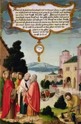 El Reino de los Cielos es como una red, que fue arrojada al mar y recogió peces de toda clase (Mateo 13) ilustración de la enseñanza de Cristo, sección del ala del retablo de Mompelgarter